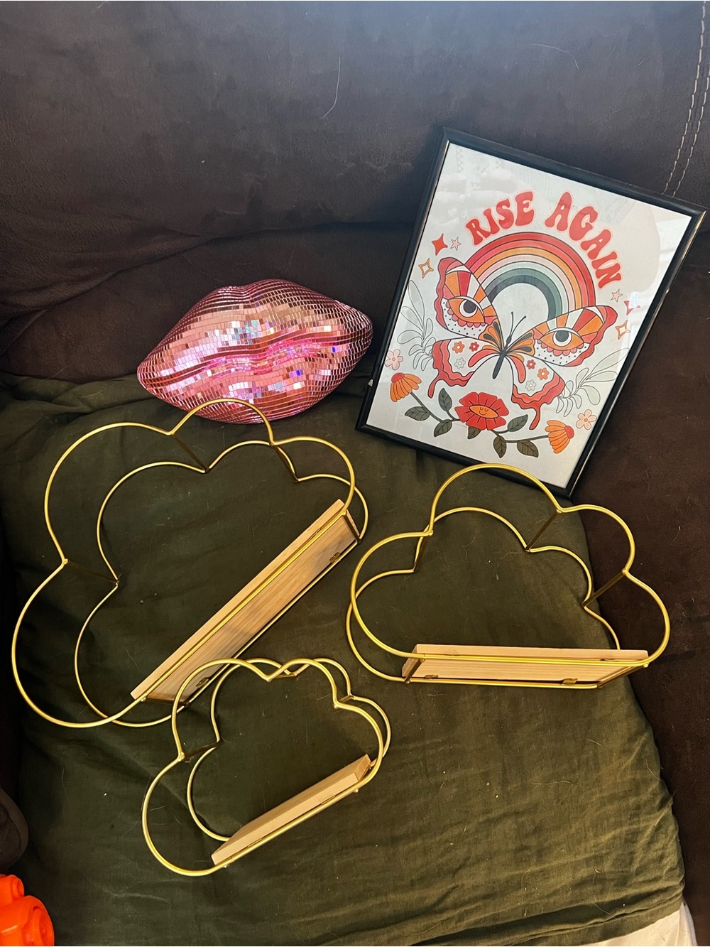 Gold Cloud Wall Shelves + butterfly art + disco lips